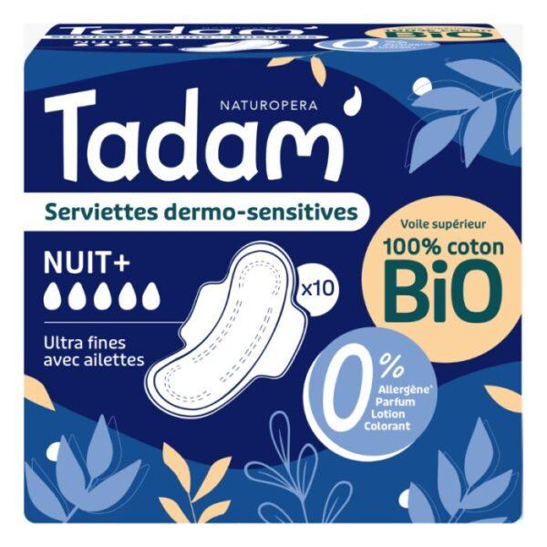 TADAM 10 SERVIETTES DERMO SENSITIVES NUIT + COTON BIO ULTRA FINE AVEC